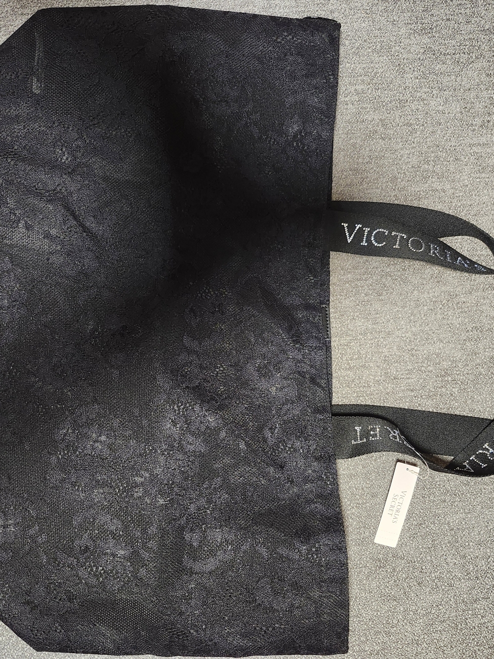 Victoria's Secret Black Lace-Textured Tote with Branded Ribbon Handles